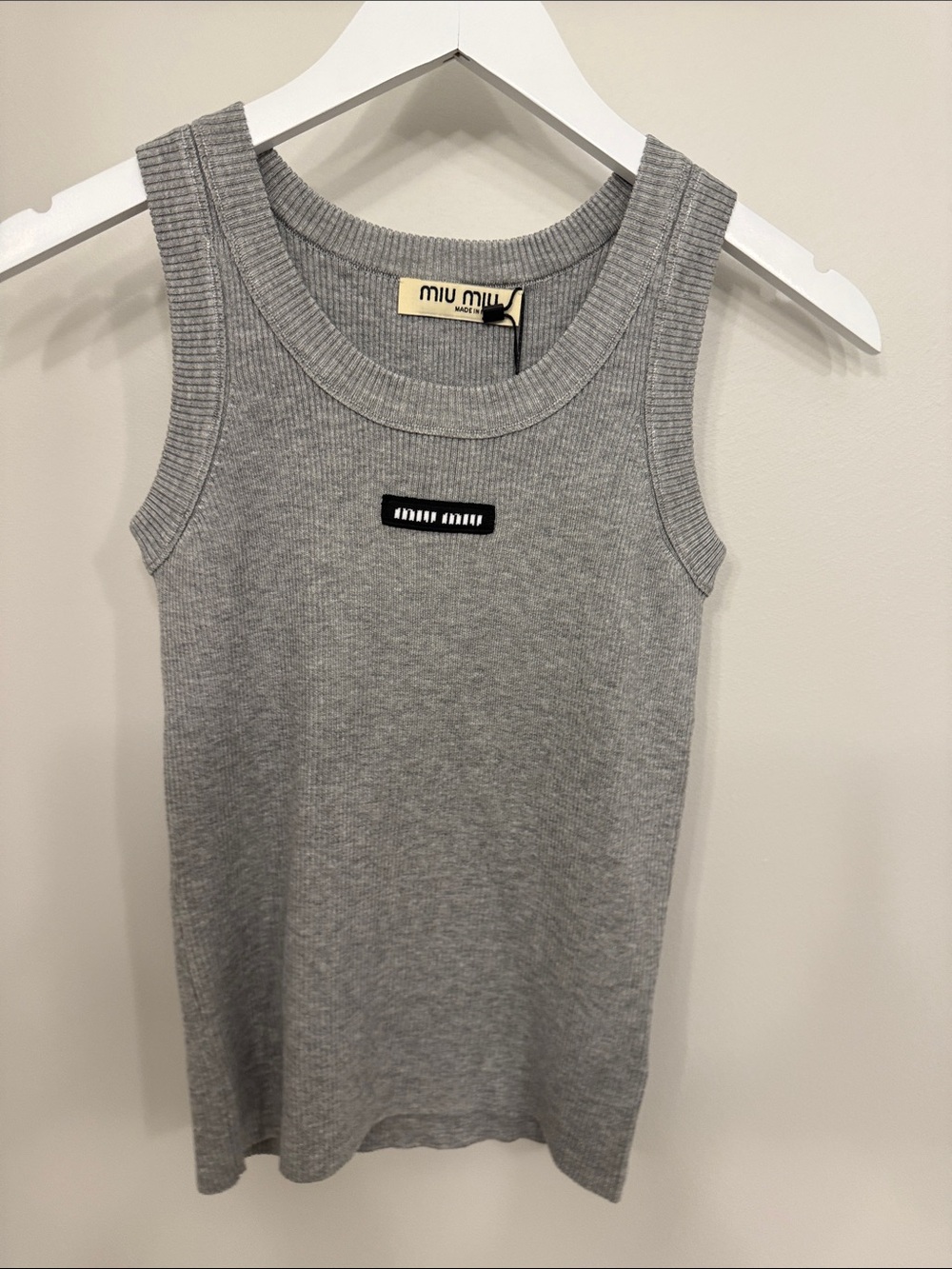 Miu Miu Light Grey Ribbed Tank with Logo Patch